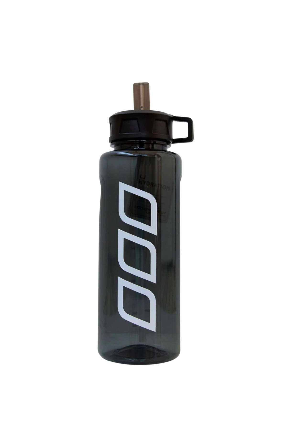 The Lorna Jane Classic 1L Water Bottle features a gray body, black lid, built-in straw, and bold white geometric design—ideal for hydration—displayed on a plain white background.