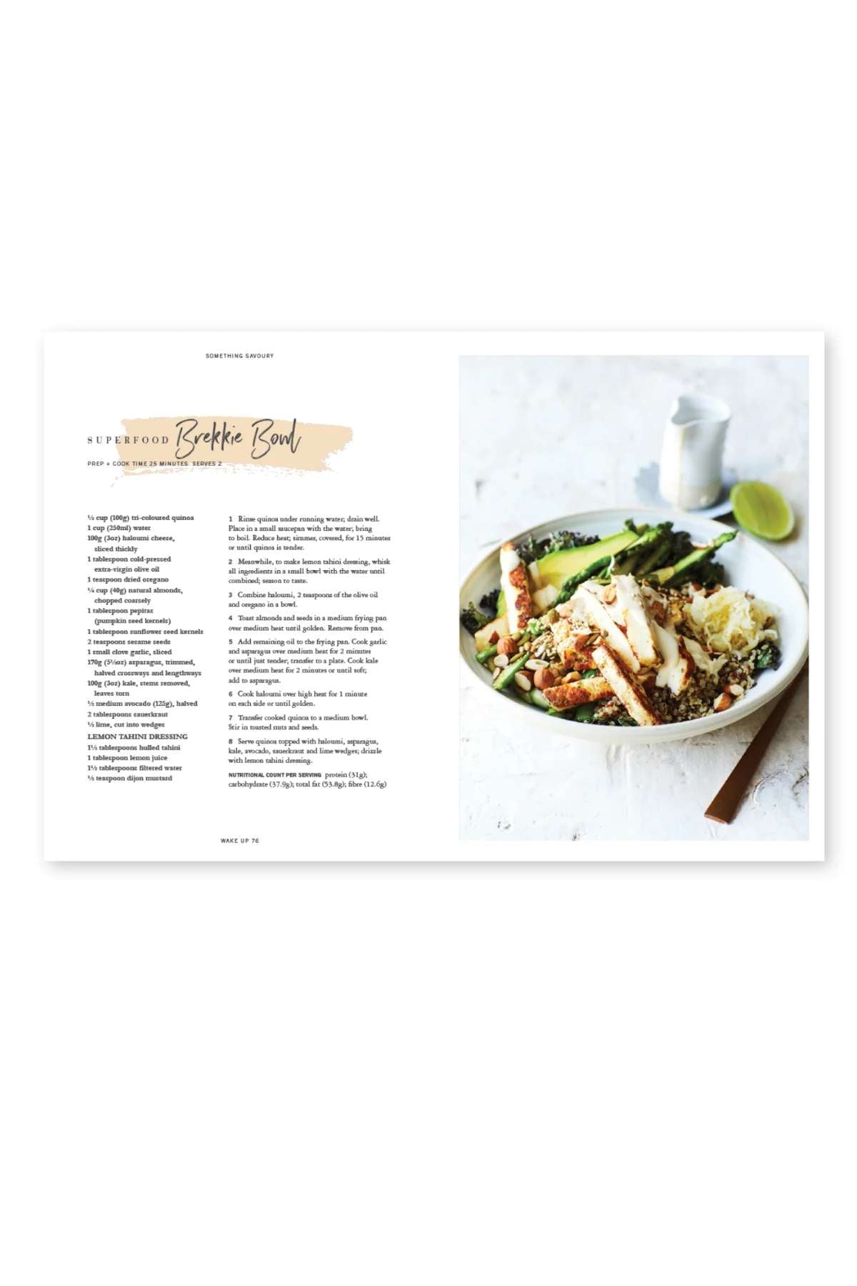 In "Lorna Jane Eat Good Food," an open page shows a "Superfood Brekkie Bowl" recipe on the left and a photo of the vibrant dish—quinoa, greens, toppings, and sauce in a white bowl—on the right.