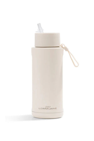The Lorna Jane Essential Insulated Water Bottle in beige features a screw-on lid, built-in straw, and convenient carry strap, shown on a plain white background.