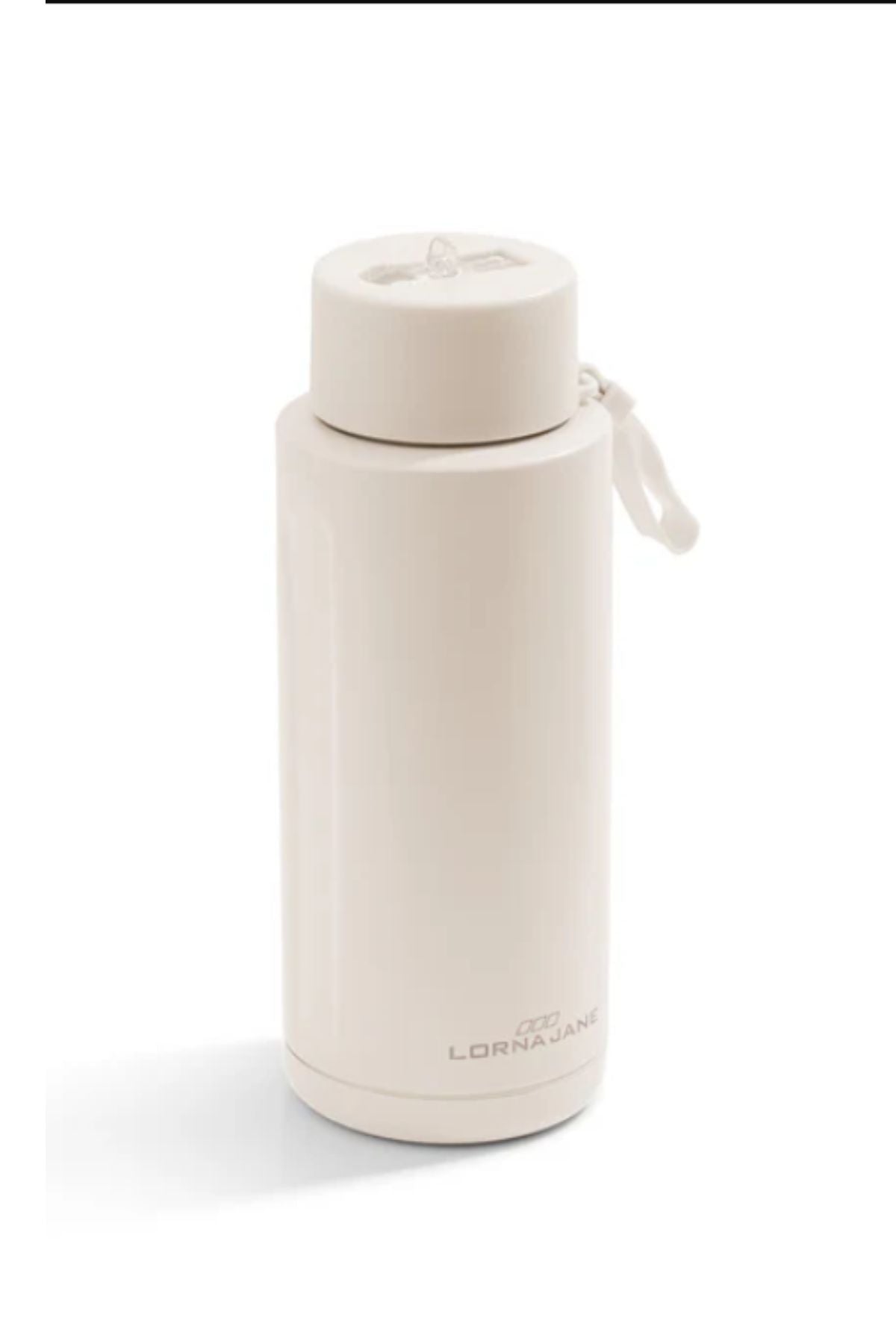 The Lorna Jane Essential Insulated Water Bottle is a white stainless steel bottle with a screw-top lid, small carrying loop, and "Lorna Jane" branding near the base.