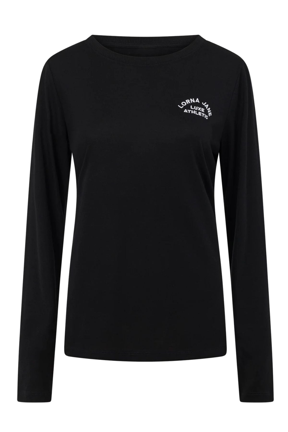 The Lorna Jane Lotus Long Sleeve Top is a plain black shirt with subtle white "Lorna Jane Athletics" text on the upper left chest, perfect for layering or workouts. Shown against a simple white background.