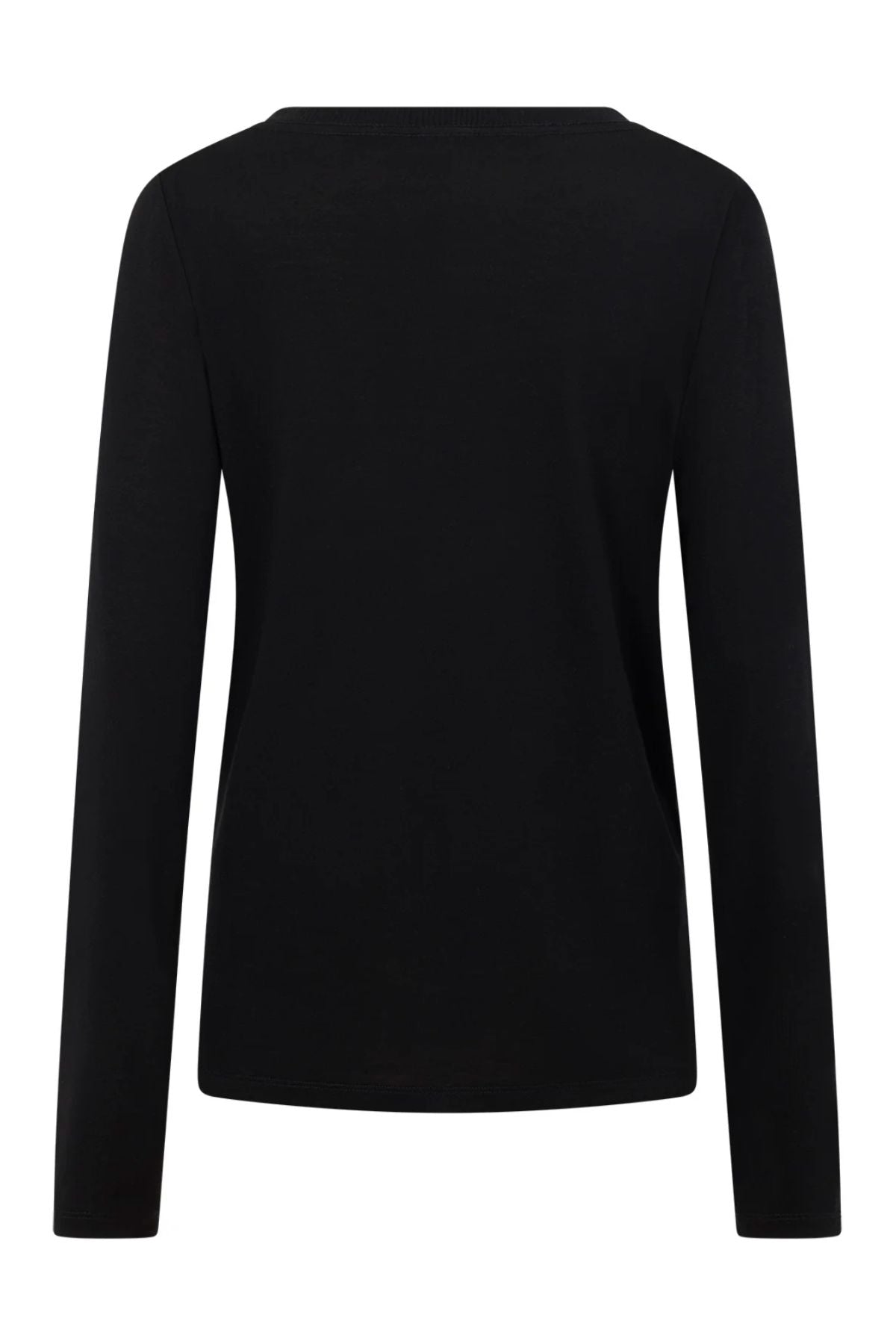 Back view of the Lorna Jane Lotus Long Sleeve Top in plain black with a crew neckline, set against a white background—ideal for versatile activewear style.