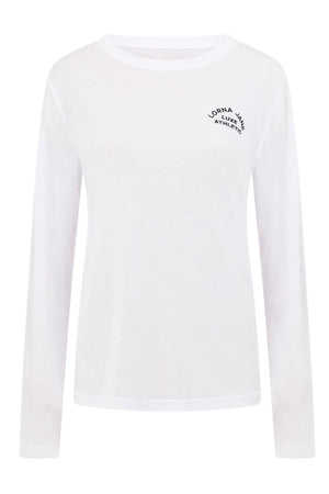 The Lorna Jane Lotus Long Sleeve Top is a plain white top with a small, curved black "Lorna Jane Athletic" logo on the upper left chest—ideal for effortless activewear style.