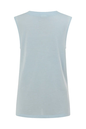 The Lorna Jane Lotus Muscle Tank is shown from the back in a light blue shade, featuring a crew neckline and a straight hem. The soft, smooth fabric is free from visible patterns or logos, making it an ideal lightweight layering piece for everyday comfort.