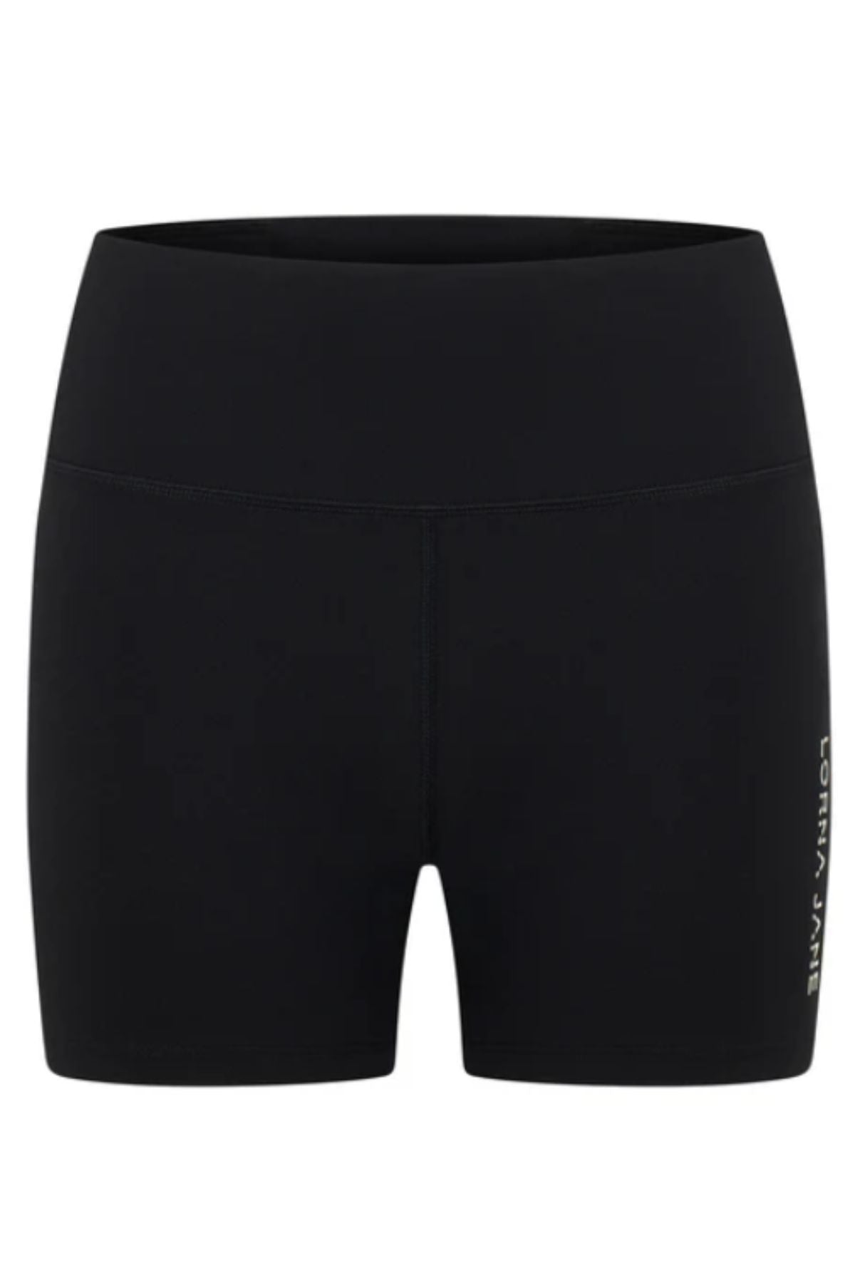 The Lorna Jane Lotus No Chafe Phone Pocket 12cm Bike Shorts are black, high-waisted, and seamless, with a smooth finish and a small vertical "Lorna Jane" logo on the left leg, photographed on a white background.