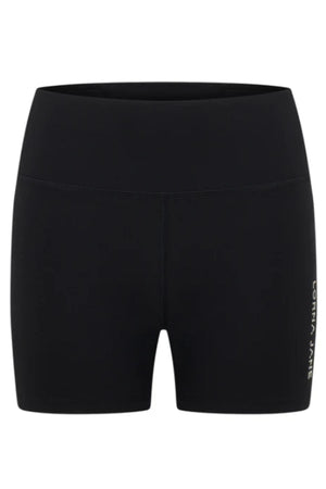 The Lorna Jane Lotus No Chafe Phone Pocket 12cm Bike Shorts are black, high-waisted, and seamless, with a smooth finish and a small vertical "Lorna Jane" logo on the left leg, photographed on a white background.