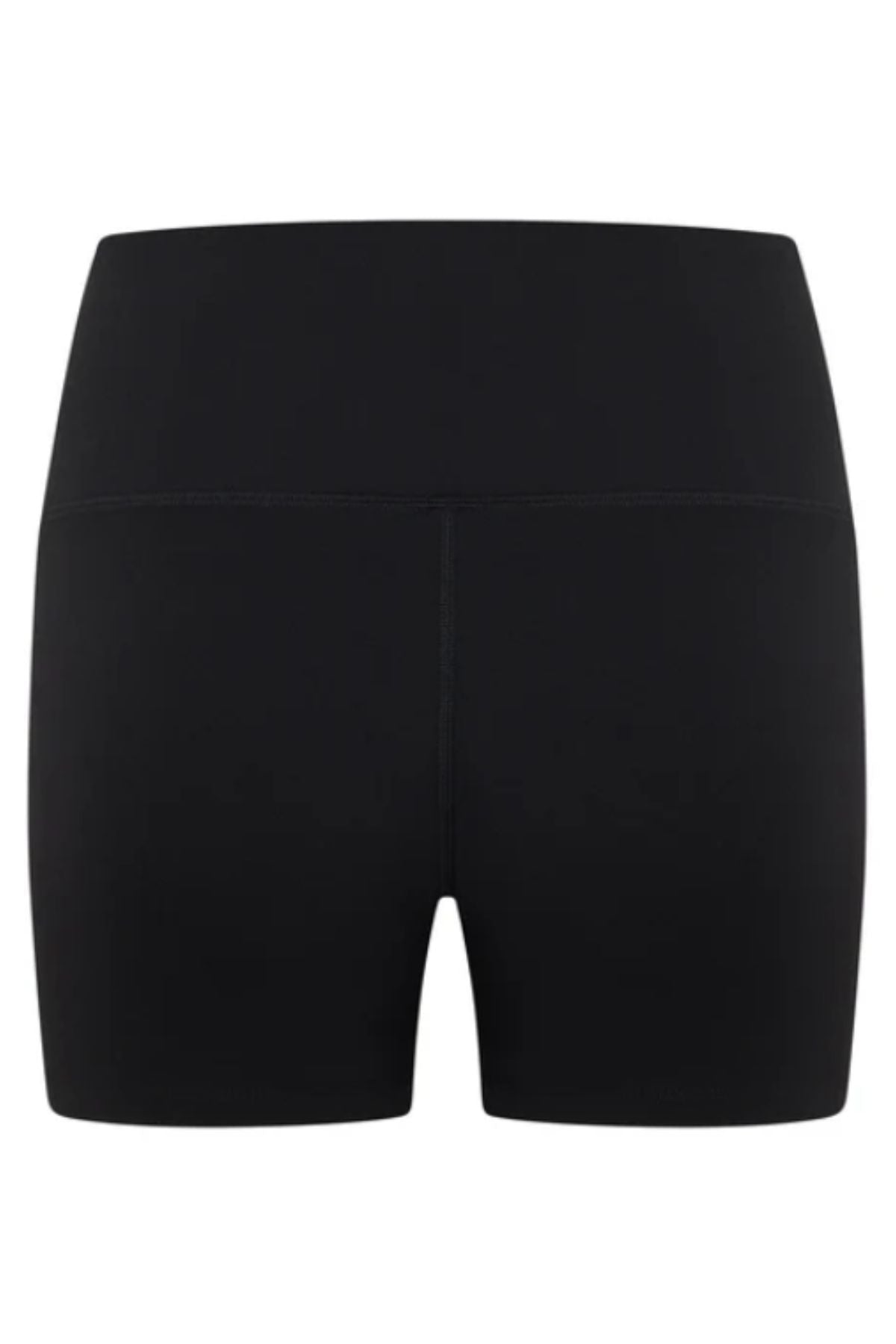 The Lorna Jane Lotus No Chafe Phone Pocket 12cm Bike Shorts are high-waisted, plain black bike shorts shown from the back on a white background, featuring smooth, stretchy fabric for a chafe-free fit and minimal visible seams.