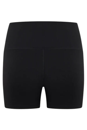 The Lorna Jane Lotus No Chafe Phone Pocket 12cm Bike Shorts are high-waisted, plain black bike shorts shown from the back on a white background, featuring smooth, stretchy fabric for a chafe-free fit and minimal visible seams.