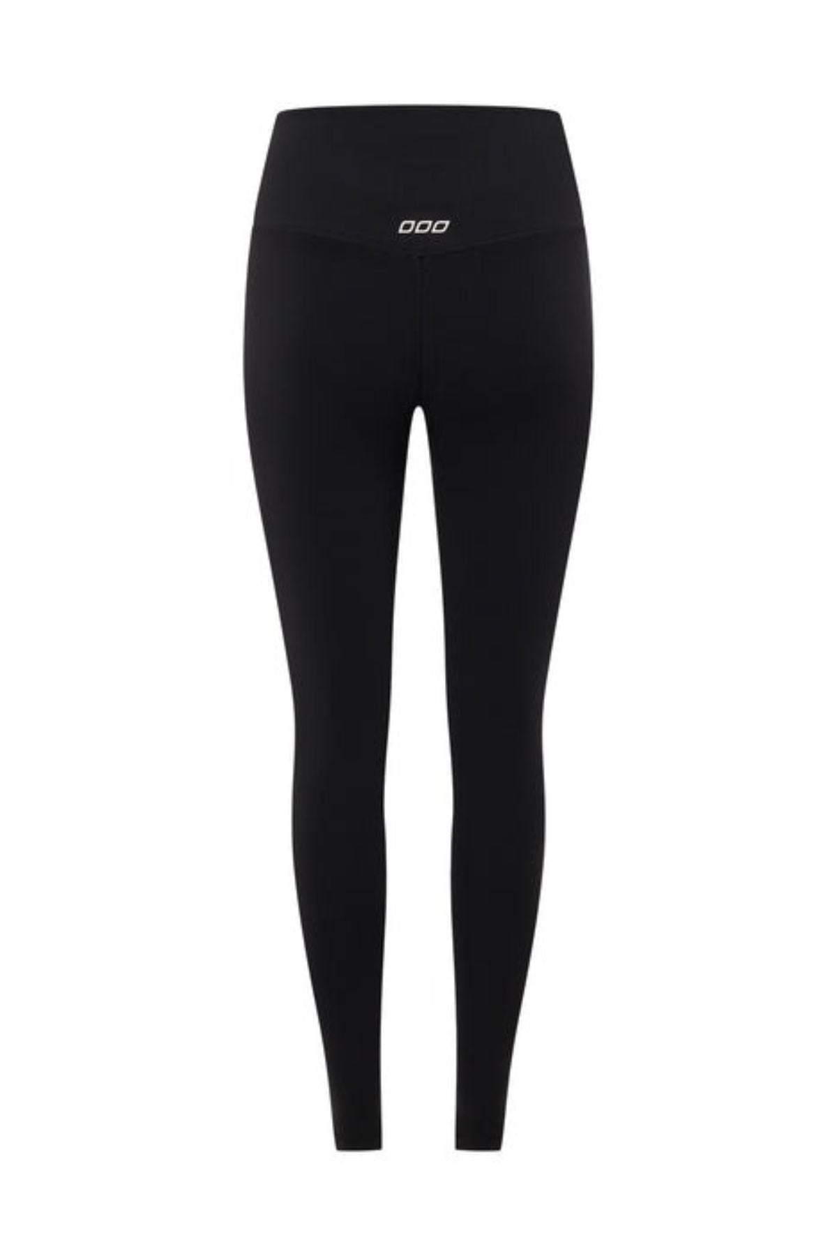The Lorna Jane Lotus No Chafe Full Length Leggings are black, high-waisted leggings with a small white waistband logo, designed for friction-free movement and displayed from the back on a white background.