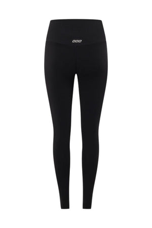 The Lorna Jane Lotus No Chafe Full Length Leggings are black, high-waisted leggings with a small white waistband logo, designed for friction-free movement and displayed from the back on a white background.