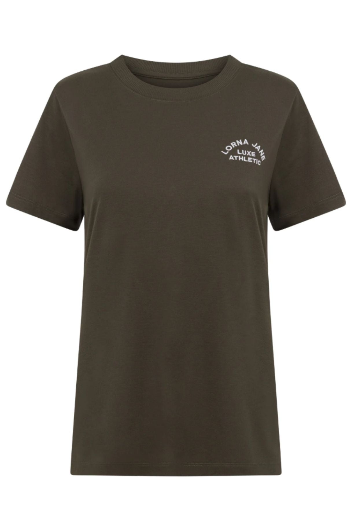 The Lorna Jane Lotus T-Shirt is a plain, short-sleeved women's sportswear top in dark olive green, featuring a small white "LORNA JANE LUXE ATHLETIC" logo on the upper left chest—ideal for an active lifestyle.