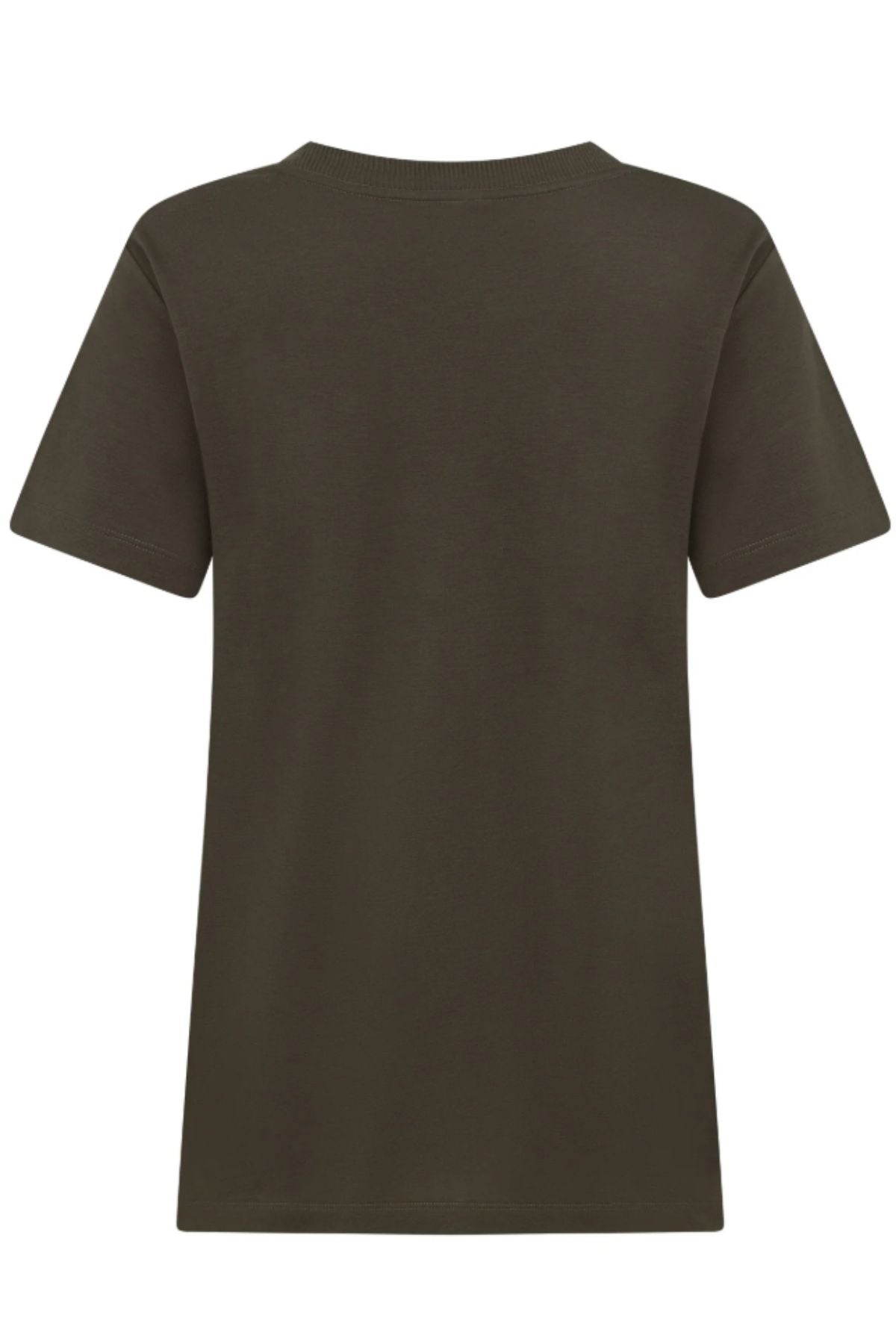 The back view of the Lorna Jane Lotus T-Shirt is shown against a white background—a plain, short-sleeved dark green top ideal for women’s sportswear and an active lifestyle.
