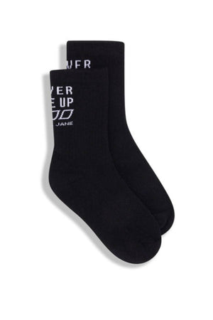 The Lorna Jane Never Give Up Arch Support Crew Socks are black crew socks with cushioned soles and "EVER UP" in white text on the upper side, shown overlapping each other on a plain white background.
