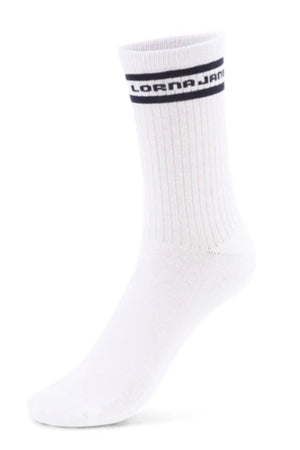 The Lorna Jane Pilates Grip Crew Sock is a single white crew sock with two black stripes and "LORNA JANE" in bold black letters between them. Designed for Pilates, it features non-slip grips and is shown against a plain white background.