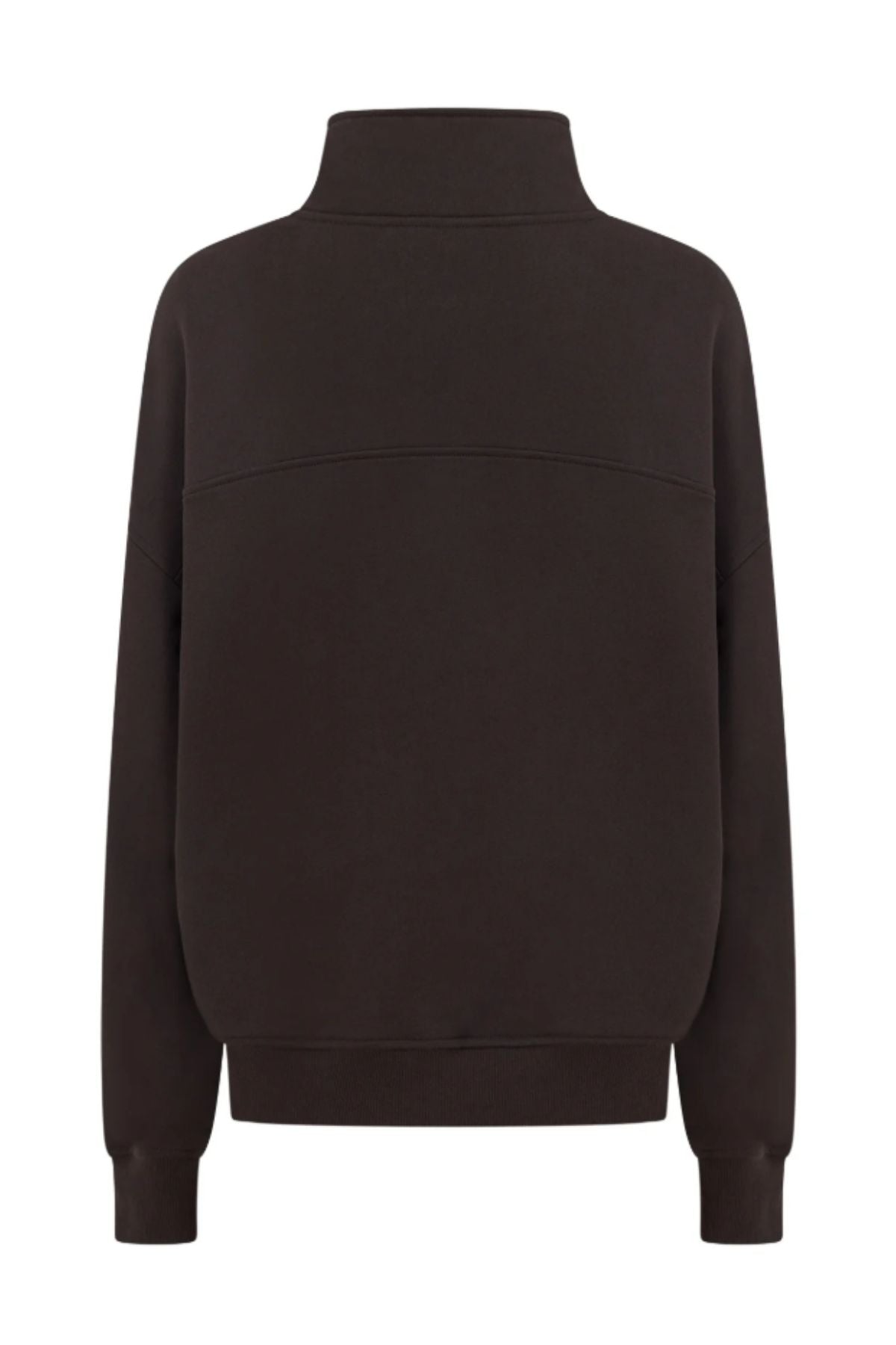 The Lorna Jane Streamline Quarter Zip Sweat is a plain, long-sleeve dark brown sweat with a high collar and ribbed cuffs, made from soft cotton terry—shown from the back on a white background. Your go-to layering essential.