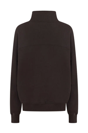 The Lorna Jane Streamline Quarter Zip Sweat is a plain, long-sleeve dark brown sweat with a high collar and ribbed cuffs, made from soft cotton terry—shown from the back on a white background. Your go-to layering essential.