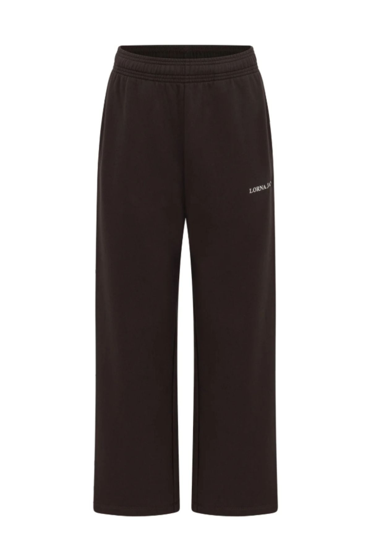 Lorna Jane Streamline Sweatpants in black with a relaxed fit and elastic waistband, featuring a small white text logo on the left thigh, shown against a plain white background.