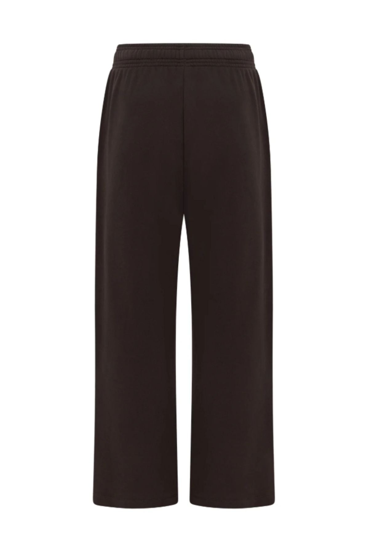 Back view of Lorna Jane Streamline Sweatpants in plain black, featuring a relaxed fit, wide-leg design, and elastic waistband, shown against a white background.