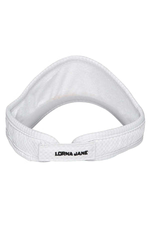 The Lorna Jane Ventilation Visor is a white sports visor with breathable mesh fabric and "LORNA JANE" embroidered in black on the adjustable back strap, shown from the rear.