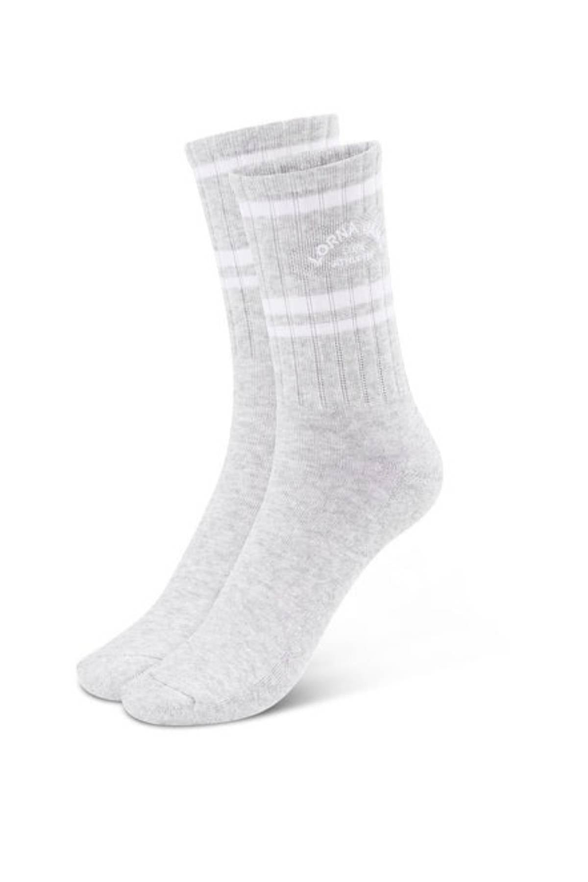 A pair of Lorna Jane Lotus Crew Socks in light gray with two white stripes at the top and a subtle ribbed texture, made from breathable cotton, shown on a white background.