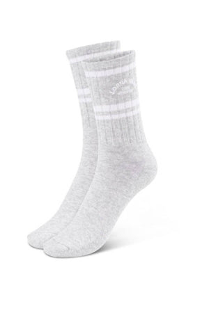 A pair of Lorna Jane Lotus Crew Socks in light gray with two white stripes at the top and a subtle ribbed texture, made from breathable cotton, shown on a white background.