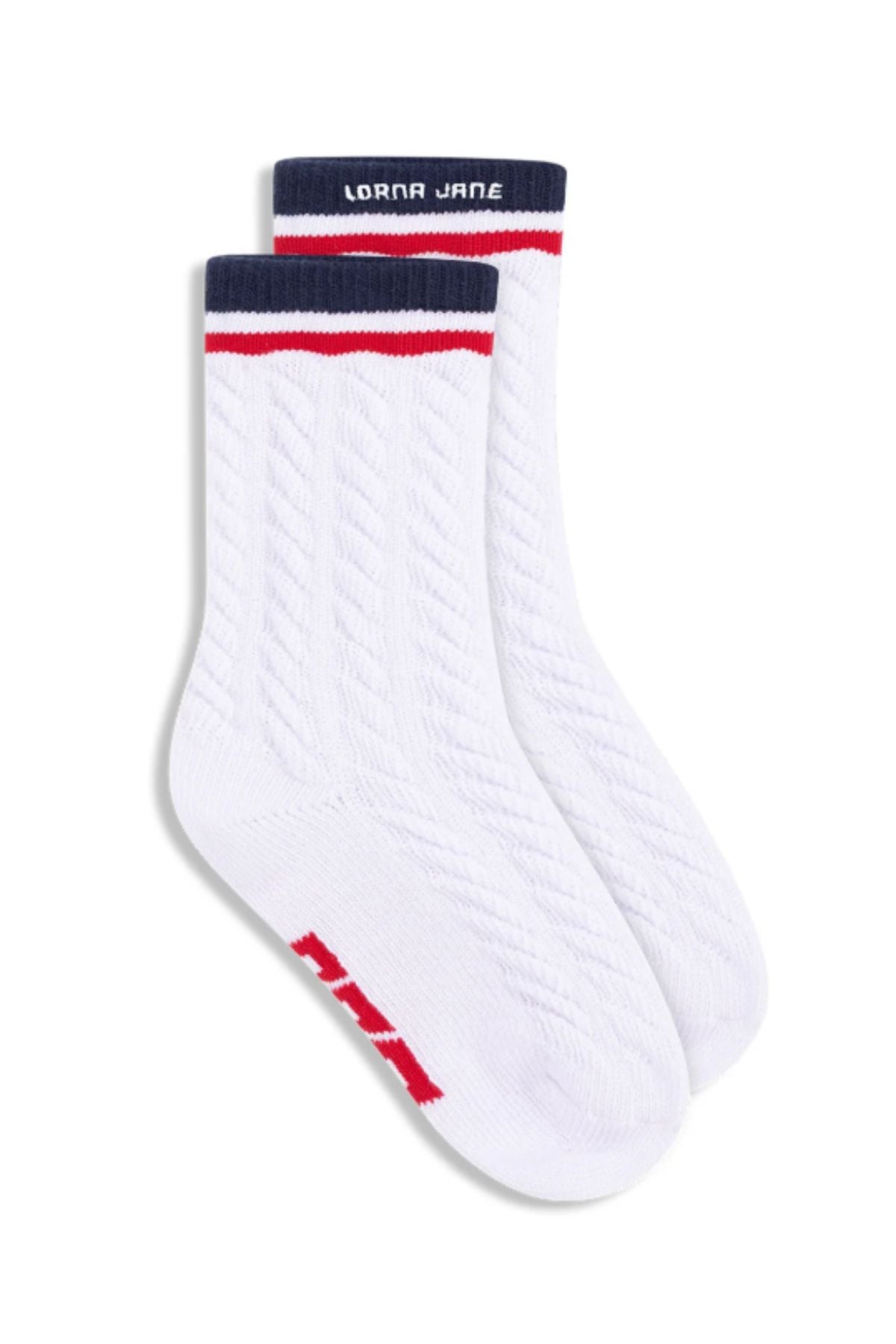 Lorna Jane LJ Cable Knit Scrunch Socks in white with red and navy stripes at the top and "LORNA JANE" branding on the cuff—ideal for adding style and comfort to any look.