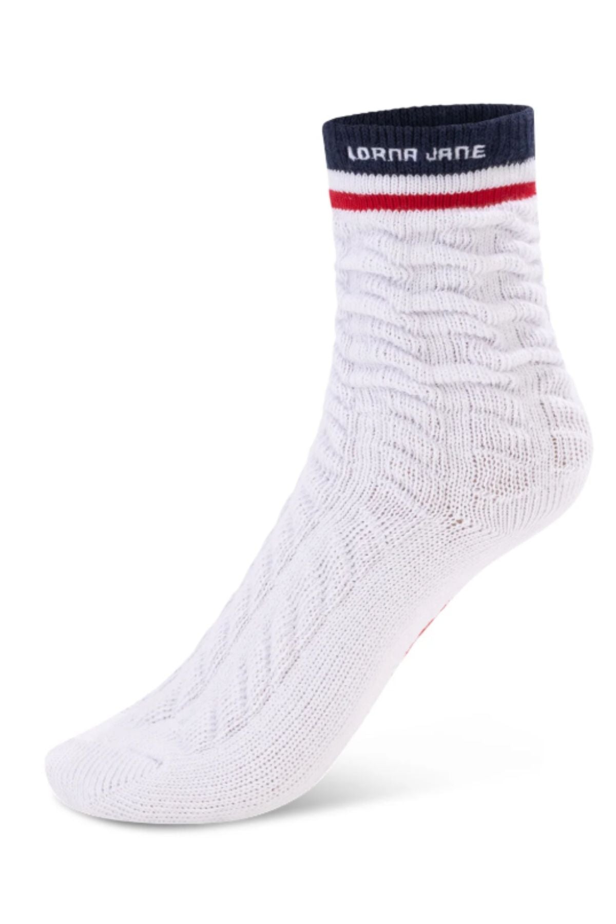 The Lorna Jane LJ Cable Knit Scrunch Socks are white with a ribbed texture, navy cuff, red stripe, and "LORNA JANE" in white at the top, shown on a foot-shaped mannequin.