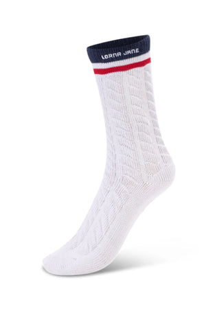 A single Lorna Jane LJ Cable Knit Scrunch Sock in white features a textured pattern, navy cuff, red stripe, and "LORNA JANE" in white—ideal for fans of sporty scrunch socks.