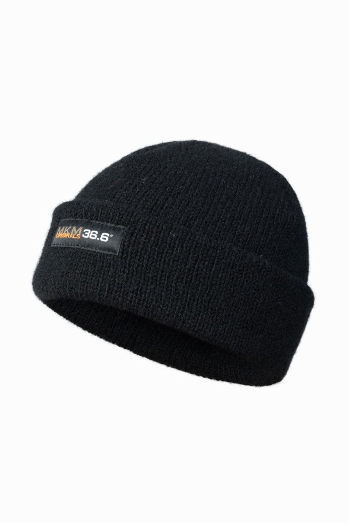 The MKM 36.6 Dual Layer Beanie in black features a folded brim and a rectangular patch with "MKM 36.6°" in yellow and white on the front, displayed against a plain white background.