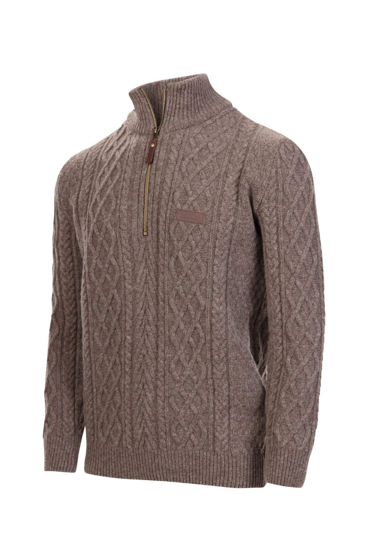 The MKM Highland Half Zip Sweater, shown on a white background, features brown lambswool, a high collar, cable-knit design, and ribbed cuffs and hem.