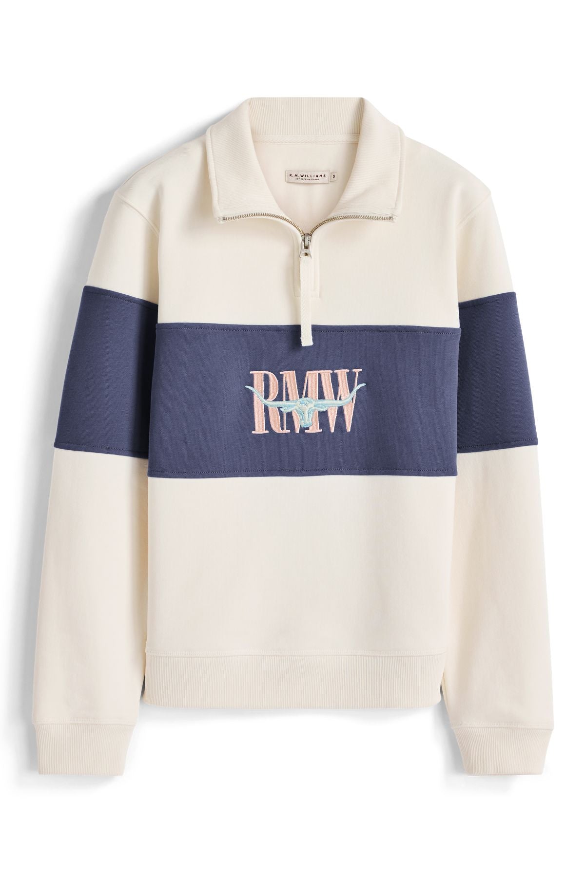 Introducing the RM Williams Trickett Panel Sweatshirt—a cream pullover crafted from premium Australian cotton, featuring a distinctive navy horizontal stripe across the chest and sleeves, a classic quarter-zip collar, and “PMW” heritage embroidery in multicolored thread on the front.