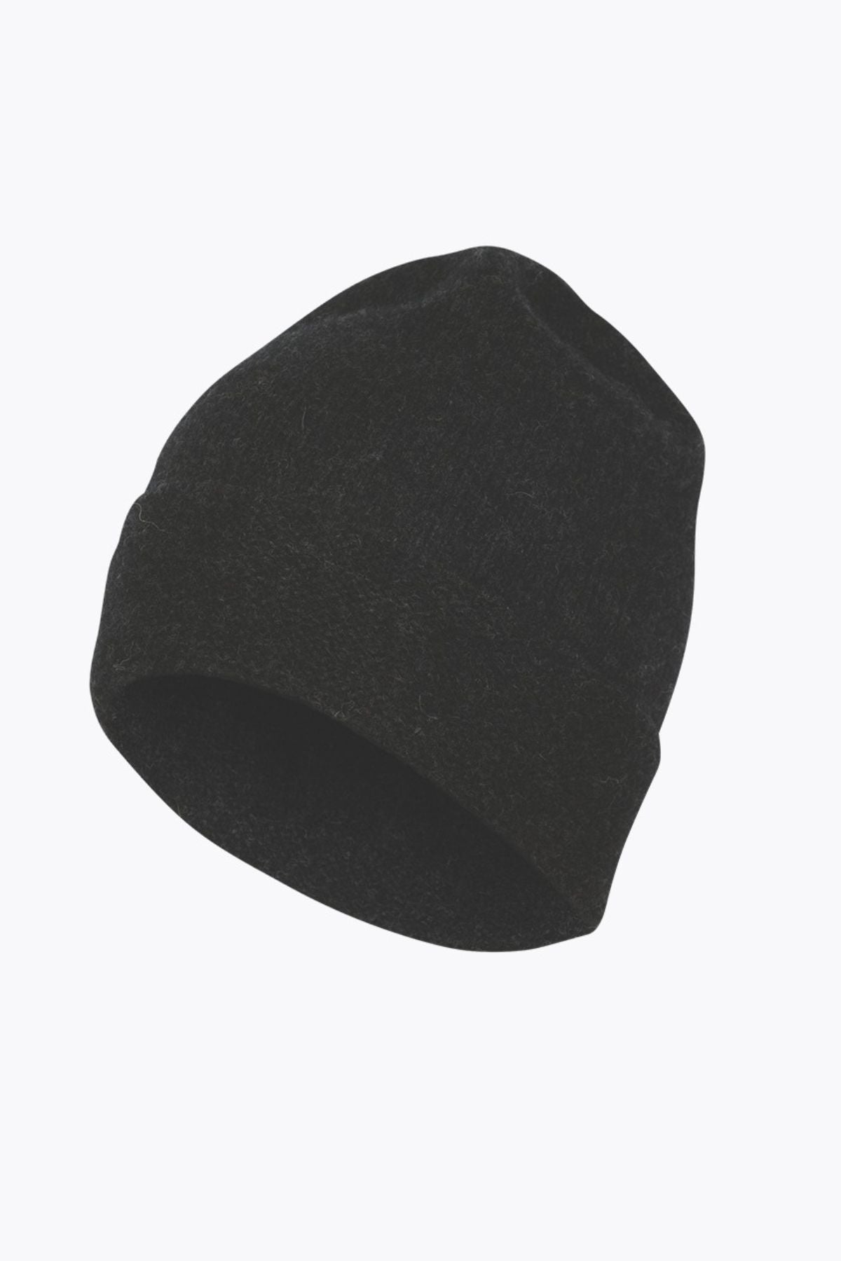 The MKM Plain Beanie Possum, in black merino with a folded brim, is showcased against a plain white background.