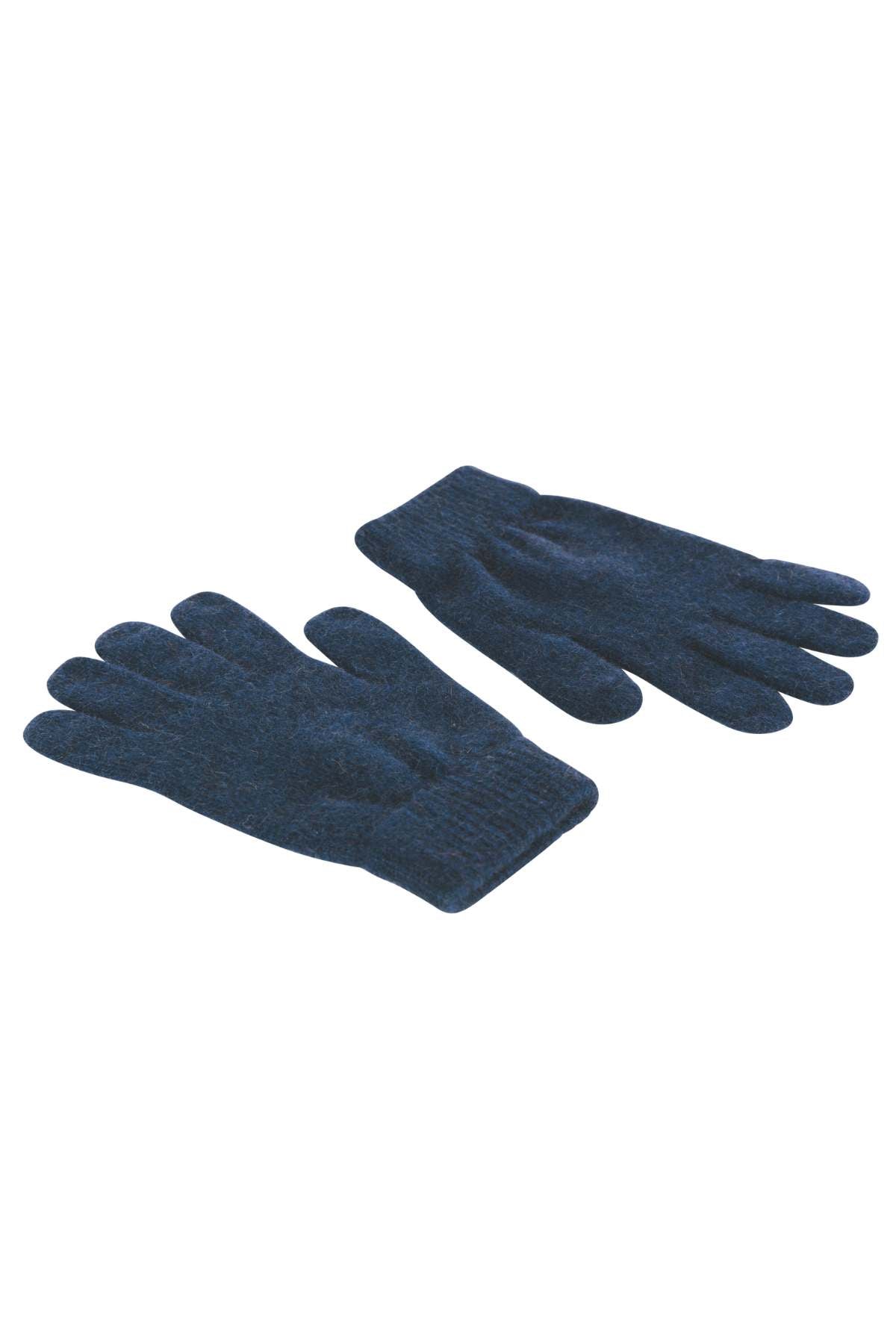 A pair of MKM Possum Wool Gloves in dark blue knit, positioned side by side on a white background. Made in New Zealand, these gloves feature a soft merino blend texture and ribbed cuffs, ensuring both comfort and style.