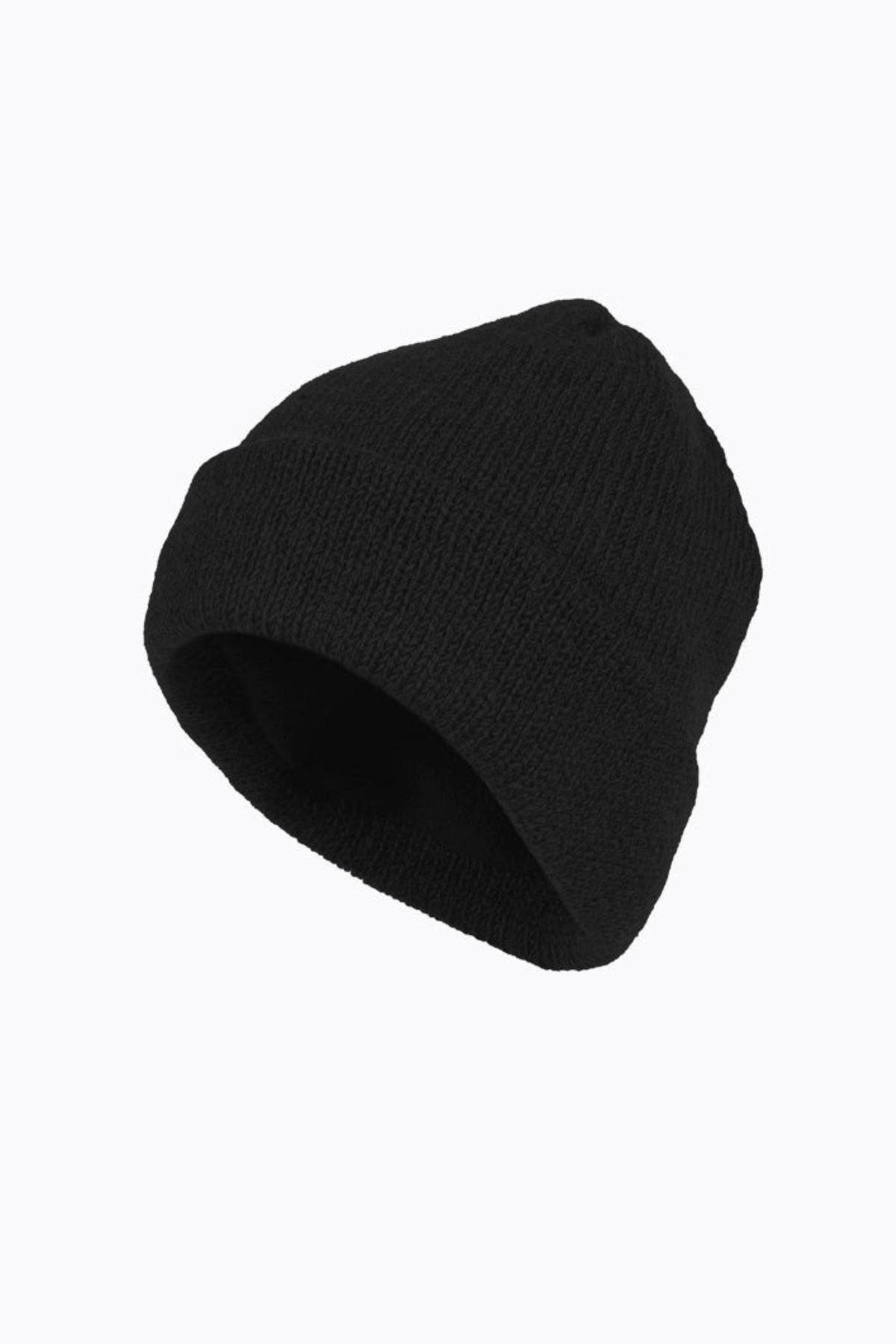 The MKM Wool Fleece Lined Beanie, made from New Zealand wool, is shown in plain black against a light gray background and slightly tilted to highlight its seamless, understated design.