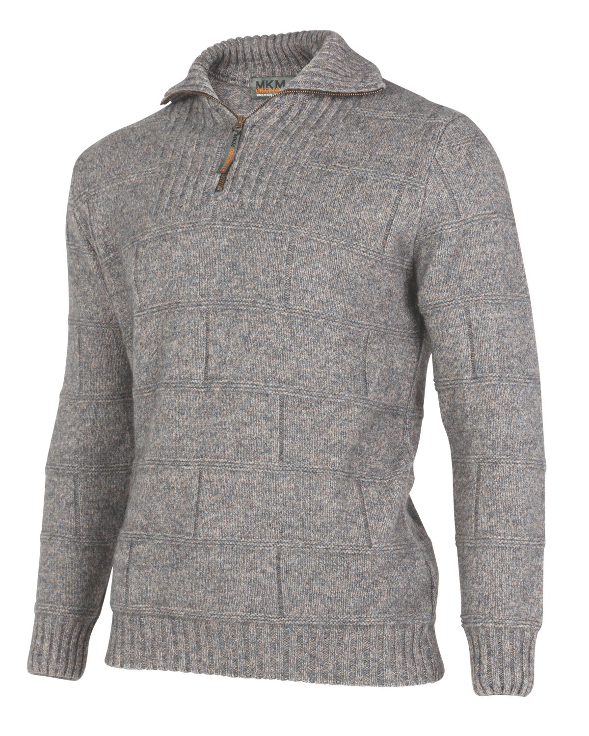 The MKM Marlborough is a light gray, long-sleeve sweater with a high neck and a half-zipper. Crafted from superfine Merino wool, the fabric showcases a knit pattern with horizontal and vertical lines, forming a textured block design. The zipper features a small pull tab, and the brand tag "MKM" is visible at the neckline.