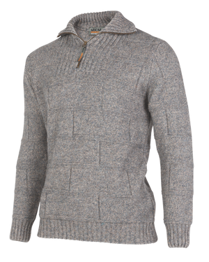 The MKM Marlborough is a light gray, long-sleeve sweater with a high neck and a half-zipper. Crafted from superfine Merino wool, the fabric showcases a knit pattern with horizontal and vertical lines, forming a textured block design. The zipper features a small pull tab, and the brand tag "MKM" is visible at the neckline.