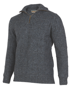 The MKM Marlborough is a grey woolen sweater crafted from superfine Merino wool, showcasing a high, folded collar with a short front zipper. This knit sweater boasts a textured pattern along with ribbed cuffs and hem, and the label inside the collar reads "MKM.