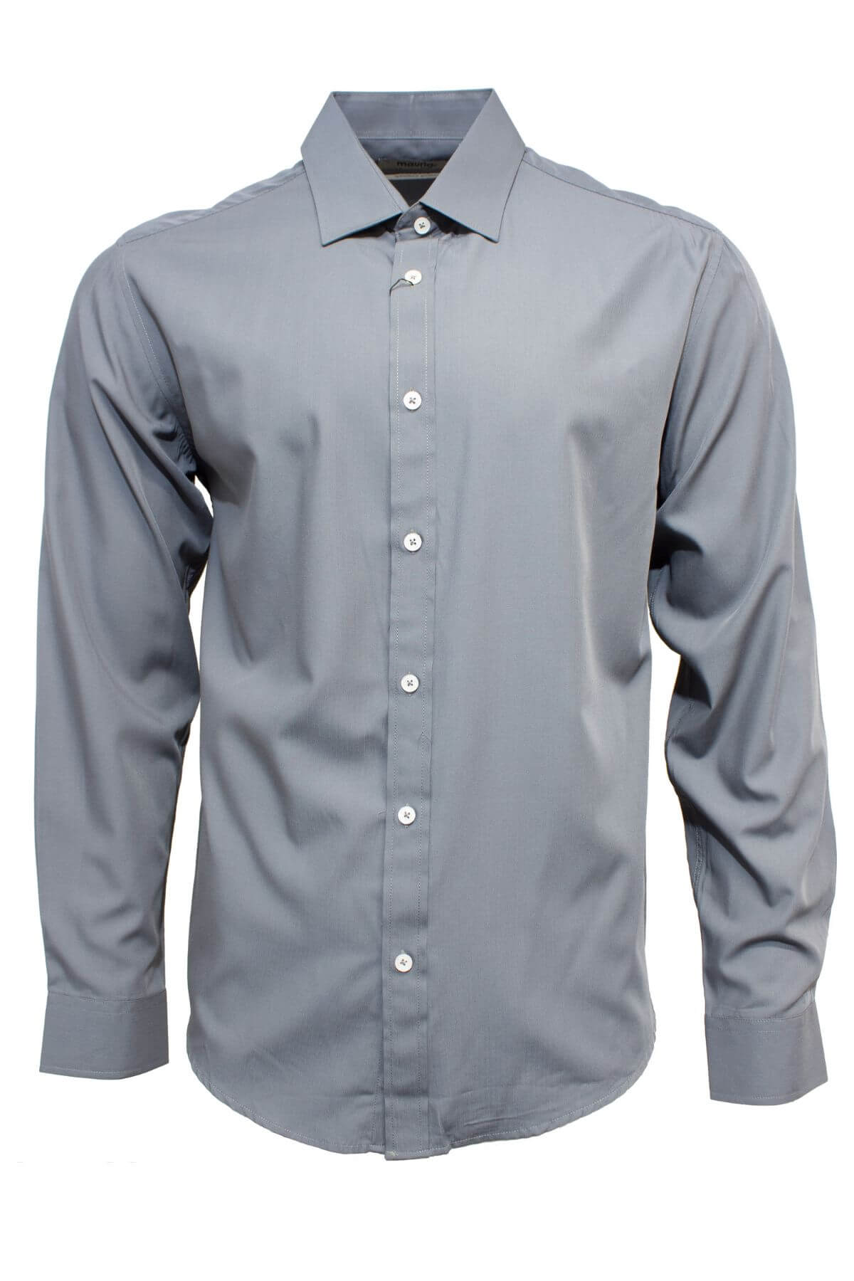 The Maurio Bamboo Business Shirt is a men's long-sleeve, button-up dress shirt in solid gray with a classic collar and white buttons. Made from bamboo polyester, this original fit shirt is shown on a plain white background.