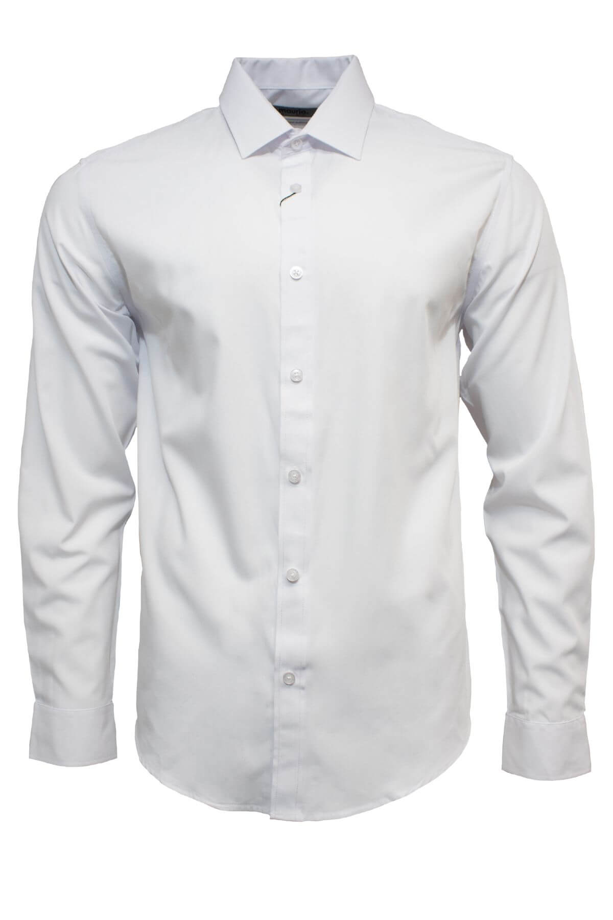 The Maurio Bamboo Business Shirt is a classic white men's dress shirt featuring long sleeves, a pointed collar, and a button-down front. It is neatly pressed and tailored, ideal for formal or professional wear, displayed against a plain background.