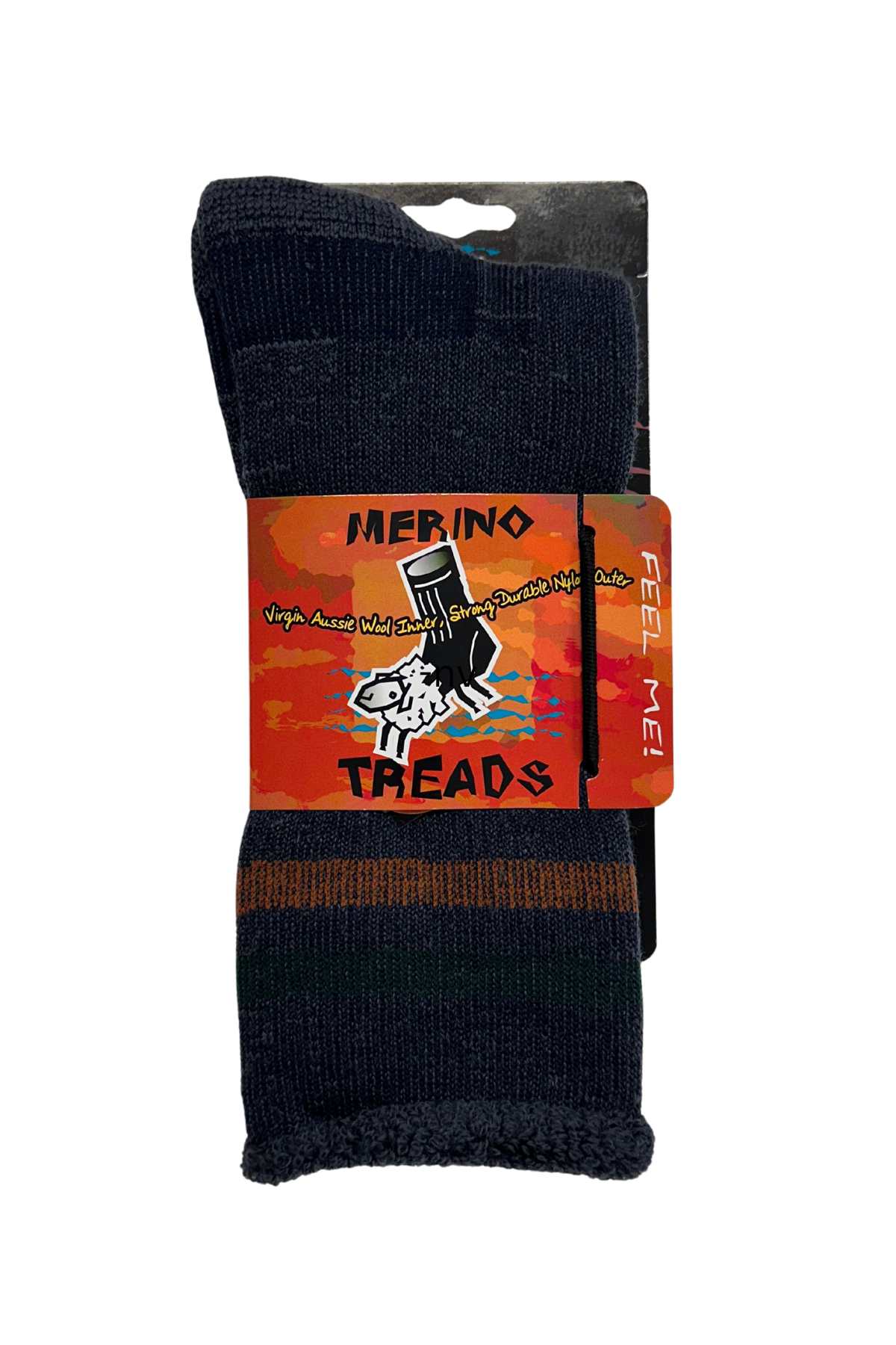 A pair of Merino Treads Liberty Legs Health Top socks in dark wool with a brown stripe, made for comfort, packaged with a red-orange sheep label reading "FEEL ME!" on the side.