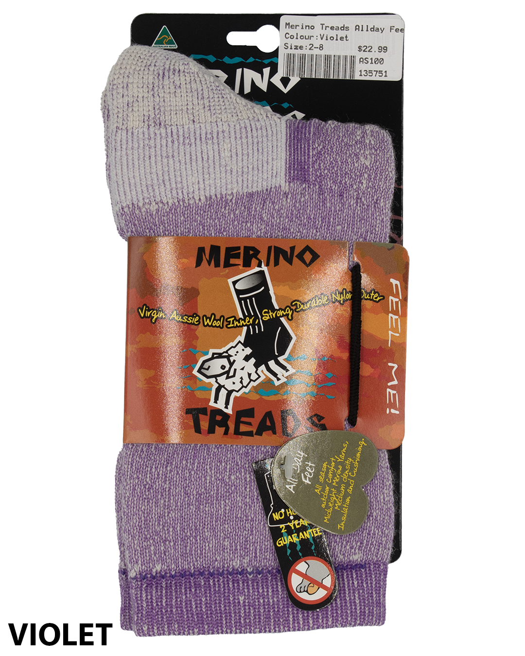 The Merino Treads Allday Feet are a pair of purple Merino wool socks with the label 'VIOLET' at the bottom left corner. Ideal for winter work, they come partially wrapped in packaging that highlights features such as "Virgin Aussie Wool" and "Strong Polyester Nylon." A tag encourages you to feel the product's texture.