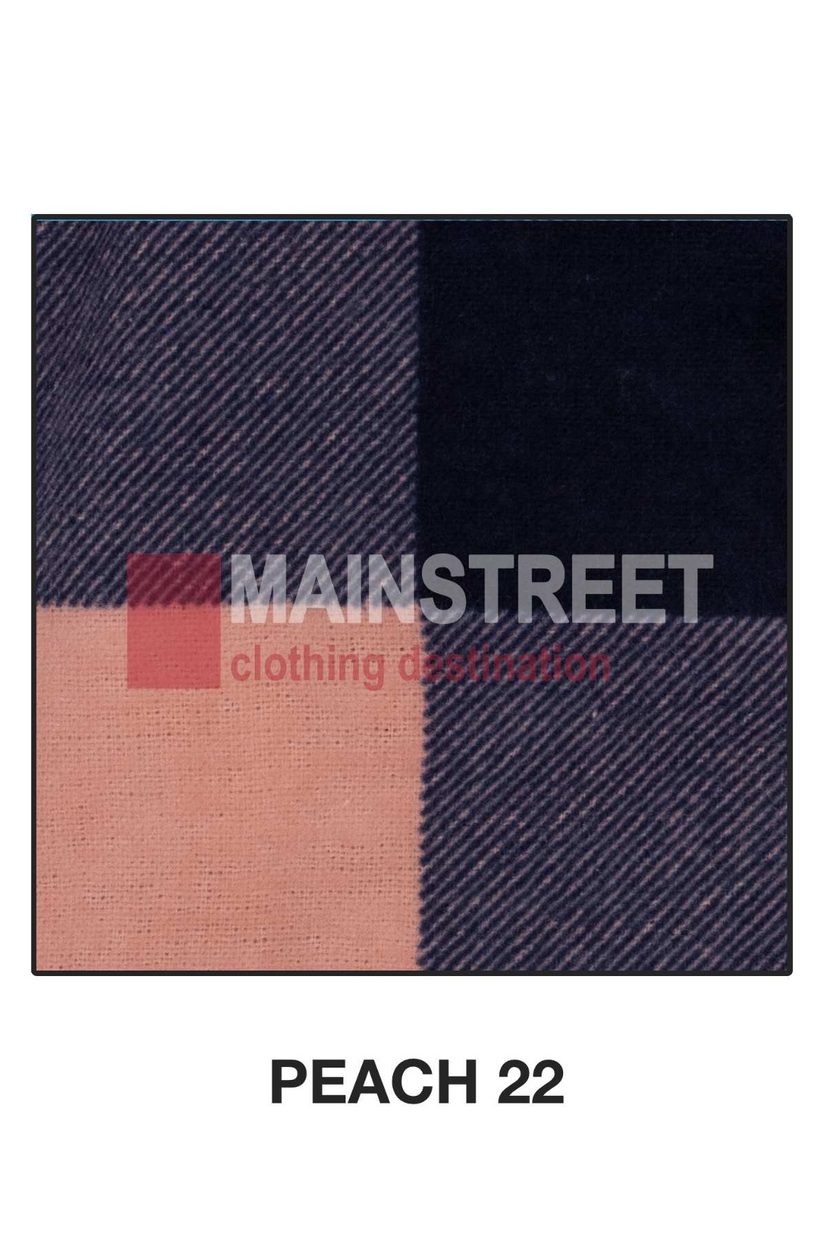 A high-quality cotton fabric swatch featuring a checkered pattern in dark navy blue and peach shades. The text "MAINSTREET clothing destination" is superimposed on the sample, with "PEACH 22" written in bold, capital letters below the swatch. Ideal for Milton Ladies Flannelette Shirts.