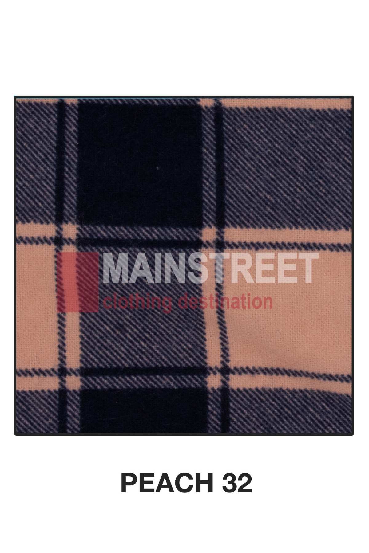 A square swatch of plaid fabric labeled "PEACH 32" features a pattern of large black and peach squares intersected by thin lines of white and dark pink. Made from high-quality cotton, this sample is perfect for Milton Ladies Flannelette Shirts. The text "MAINSTREET clothing destination" is overlaid on the fabric swatch.