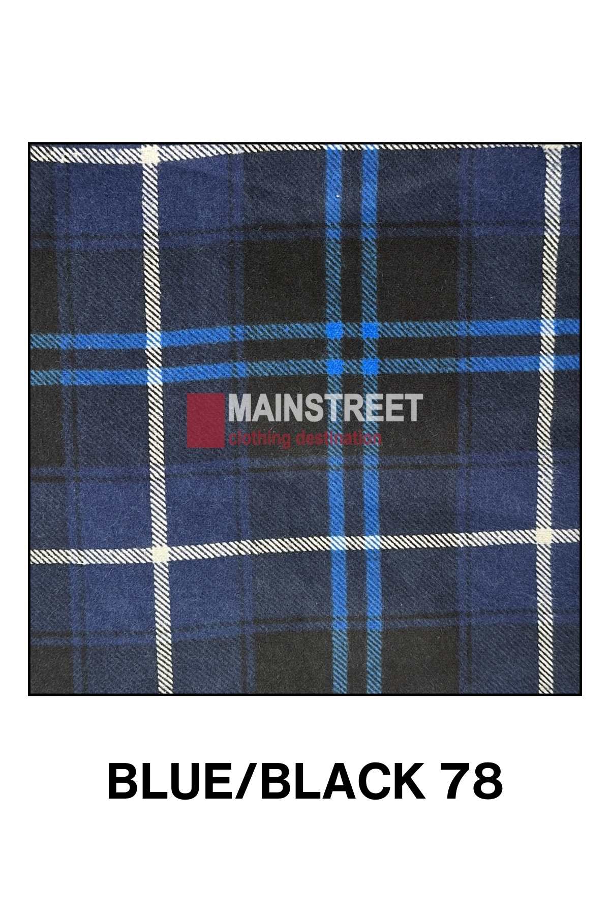 A fabric swatch featuring a blue and black plaid pattern with white lines running through it, perfect for crafting a high-quality Milton Closed Front Flannelette Shirt - S-2XL. The text "MAINSTREET clothing designs" is overlaid on the fabric, and below the swatch, the color name "BLUE/BLACK 78" is written in black.