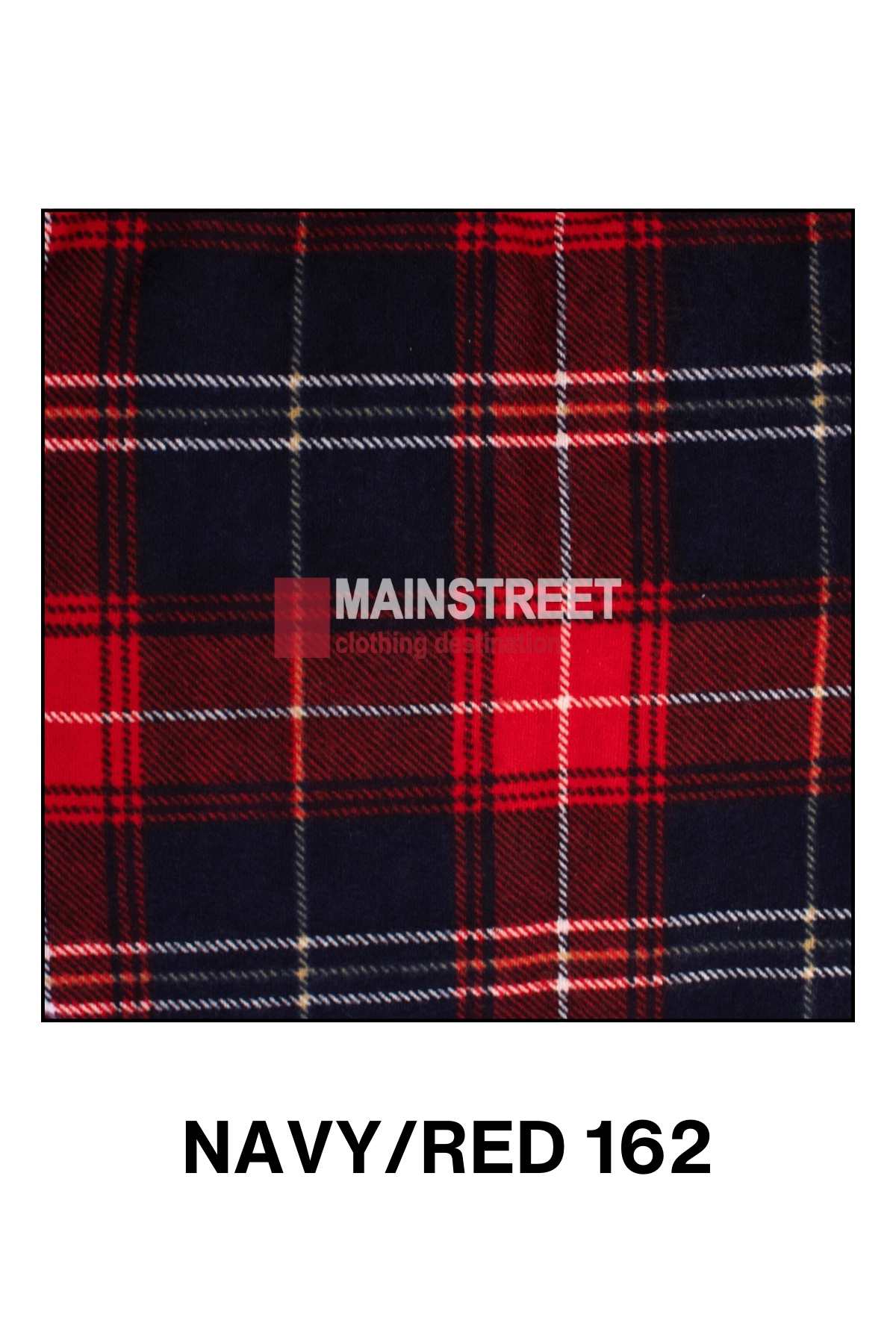 A close-up of a plaid fabric featuring a pattern of red, navy blue, and white lines. The words "MAINSTREET" and "clothing design" are printed in white text within a red rectangle in the center. Beneath the image, "NAVY/RED 162" is written in black text, reminiscent of the Milton Closed Front Flannelette Shirt made from high-quality cotton in sizes S-2XL.