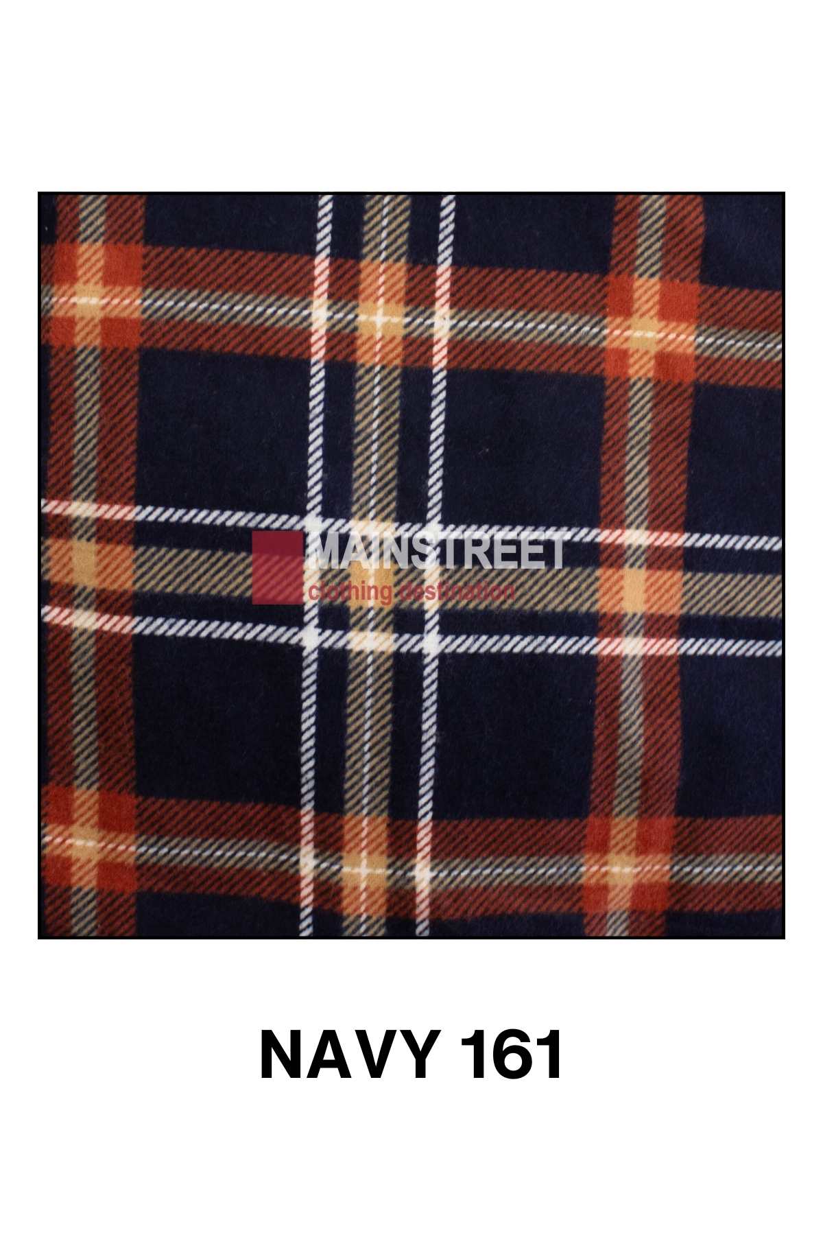  A checkered fabric pattern in navy blue, red, yellow, and white, reminiscent of the high-quality Milton Closed Front Flannelette Shirt - 3XL-4XL, with "MAINSTREET Design Lab" text in the center. Below the pattern, "NAVY 161" is displayed.