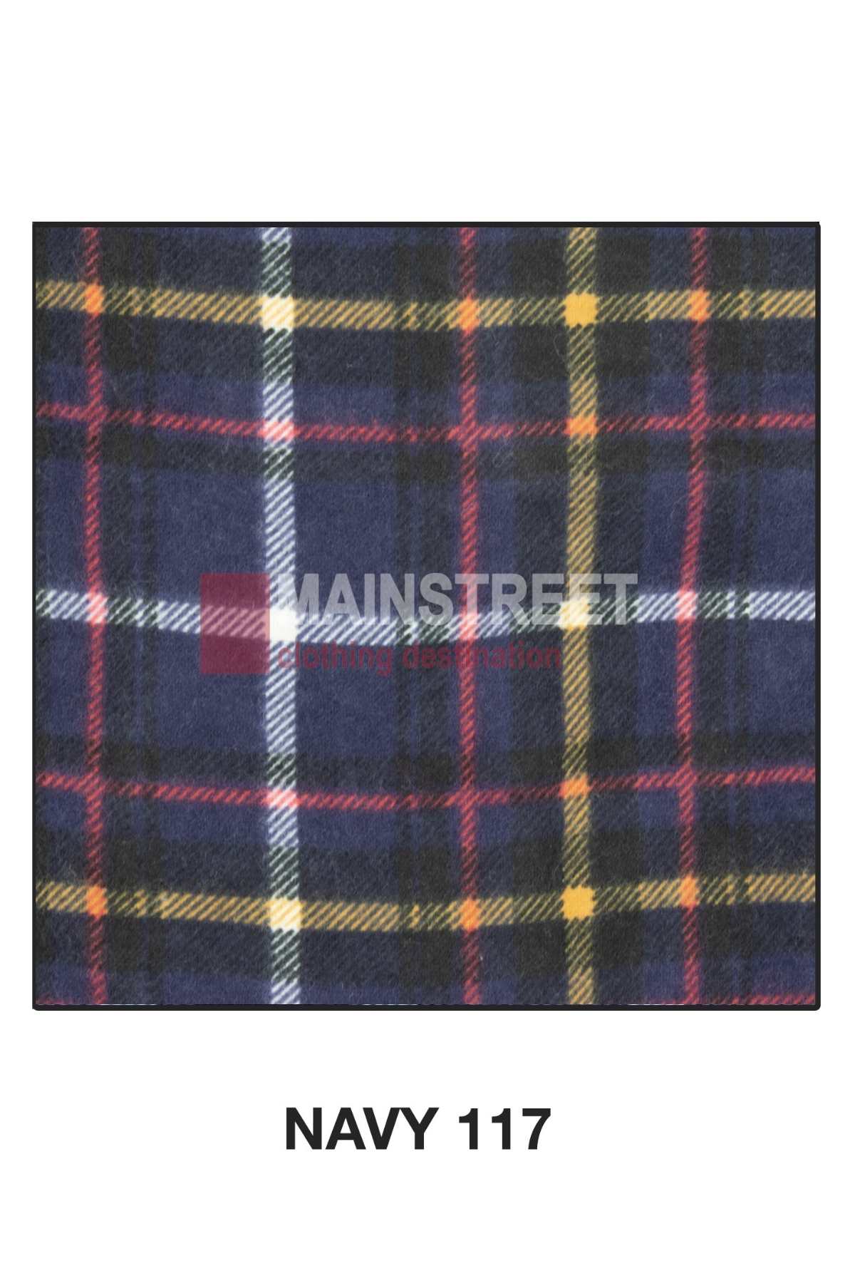 A rectangular fabric swatch showcasing a navy blue background with a classic plaid pattern in white, yellow, and red lines. The text "MAINSTREET" is subtly overlaid in the center. Below the swatch, the text reads "NAVY 117." Ideal for crafting a high-quality Milton Closed Front Flannelette Shirt - S-2XL with double pockets.