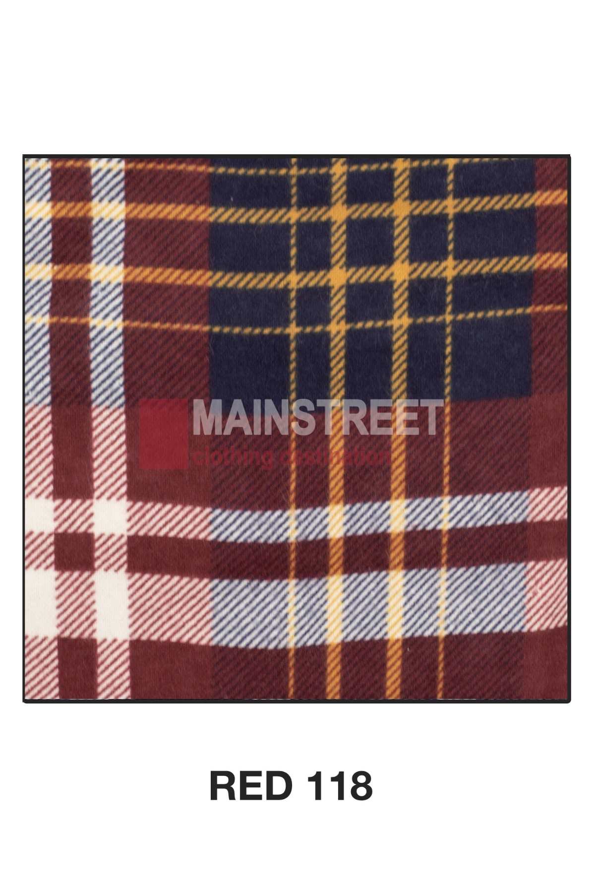 A rectangular rug with a plaid pattern in colors of red, yellow, navy blue, and white reminiscent of the Milton Closed Front Flannelette Shirt - S-2XL. The text "MAINSTREET" is overlaid in the center of the rug. Underneath the image, the label reads "RED 118.”