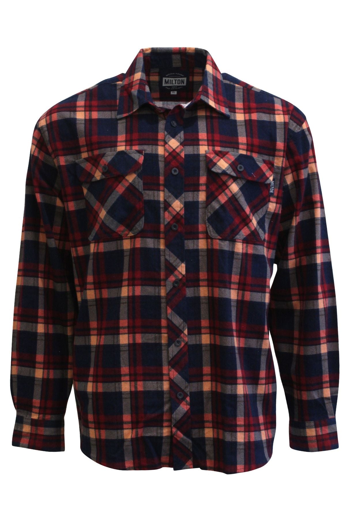 The Milton Open Front Flannelette Shirt is a long-sleeve, button-up shirt in red, navy blue, and white plaid with double chest pockets and buttoned flaps.
