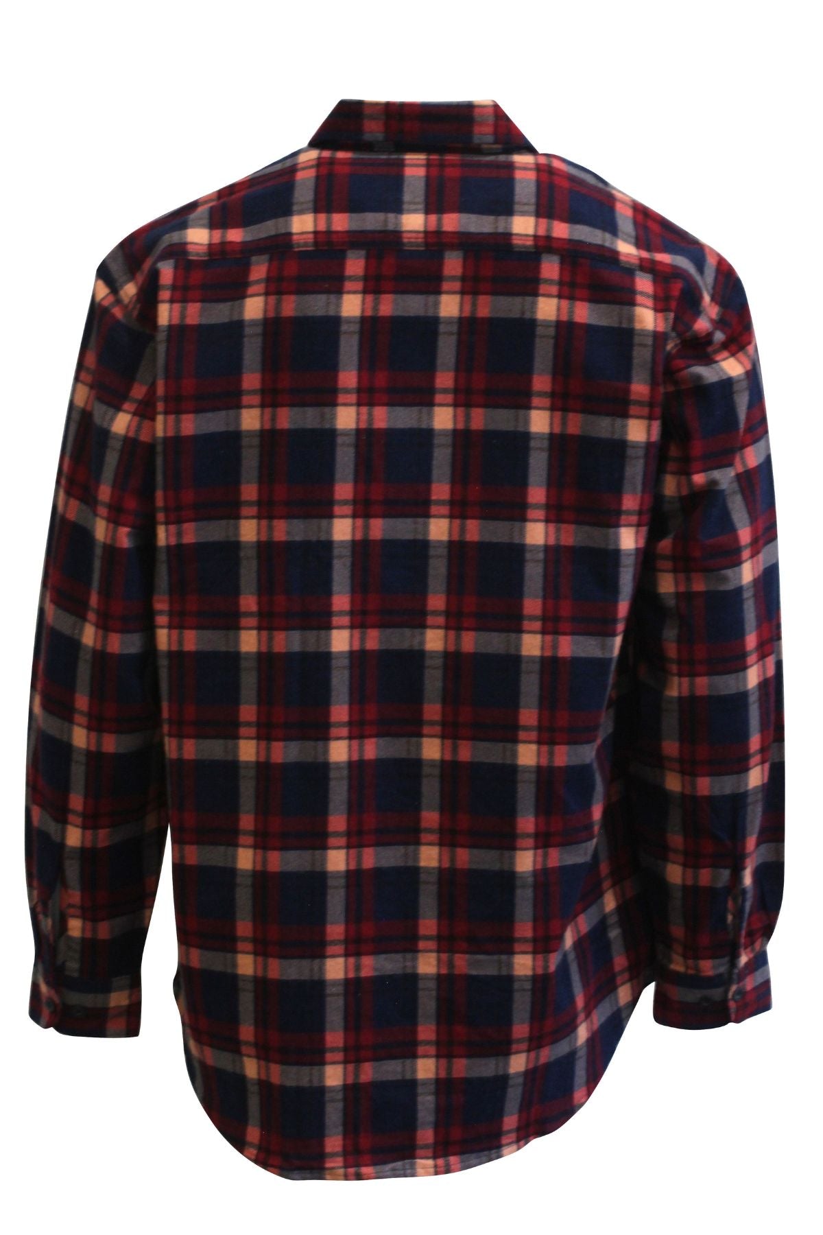 The Milton Open Front Flannelette Shirt features long sleeves and a red, navy blue, and white plaid pattern, shown from the back against a white background.